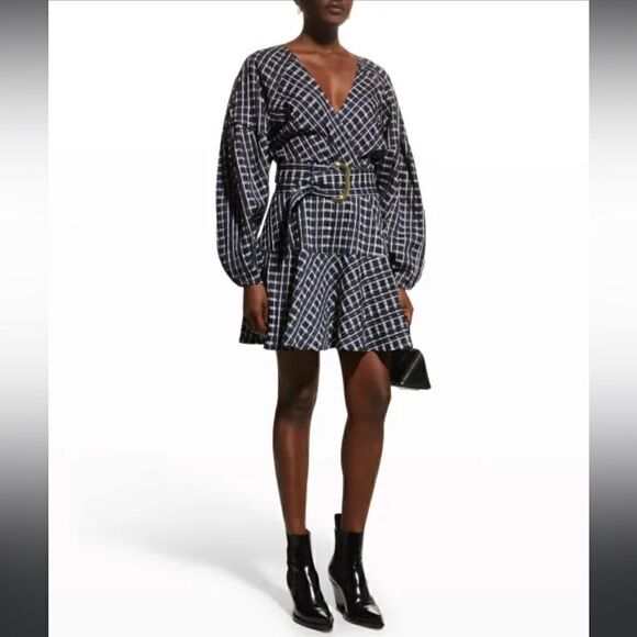 NWTs Tanya Taylor Nicola Puff-Sleeve Belted Check Mini Dress Size 2 - Picture 4 of 13